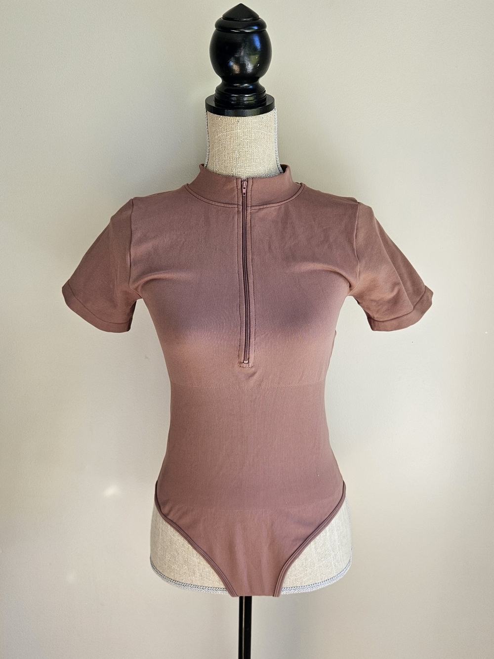 Short Sleeve Zip-Front Bodysuit in Mauve